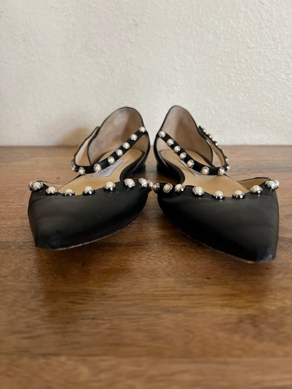 Jimmy Choo Leema Black Leather Pearl Embellished Ankle Strap Flats Size 37.5 - Picture 4 of 11